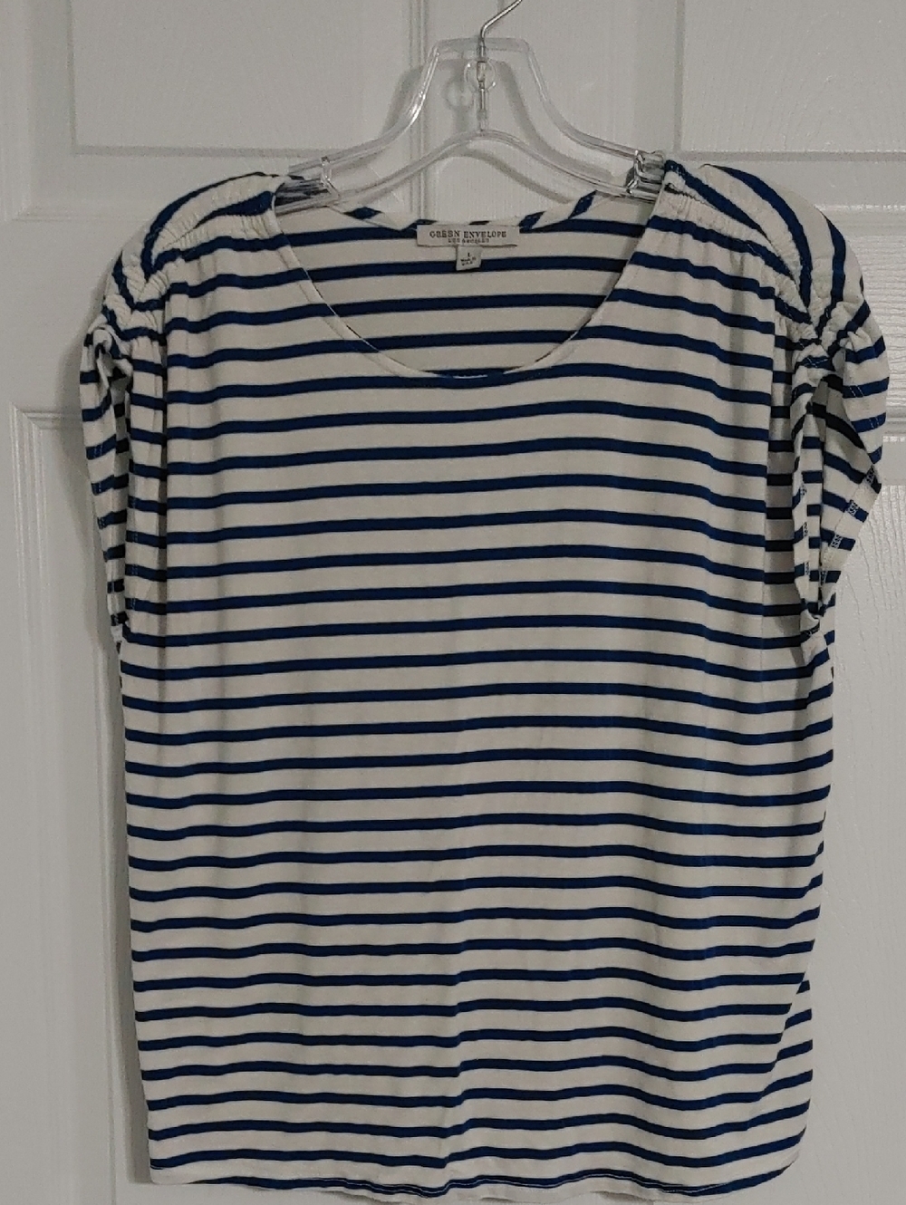 Green Envelope Navy & White Striped Short Sleeve Ruched Top